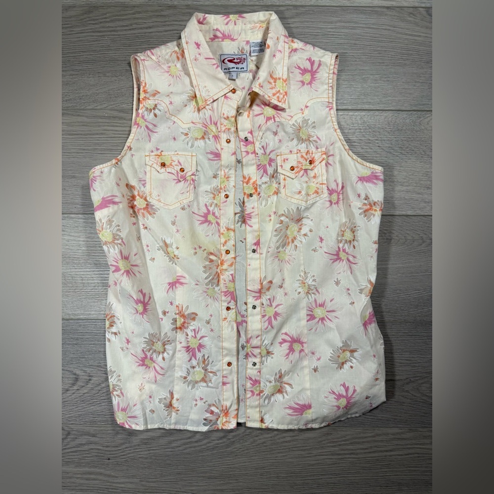 Roper women’s vintage sleeveless vest cream and pink size large